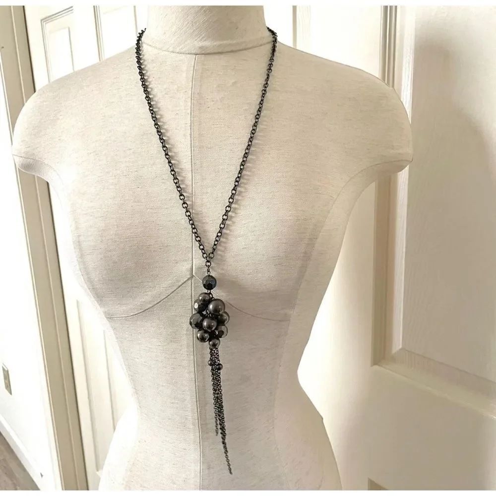 Long black chain beaded cluster necklace
